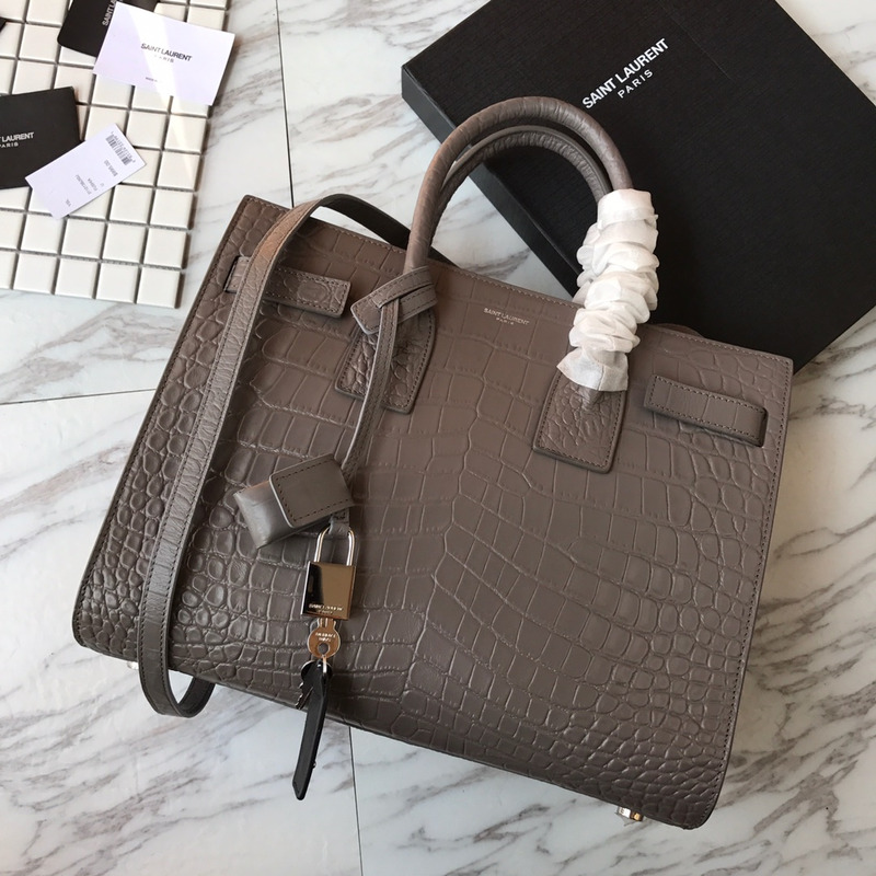 Saint Laurent Croc-Embossed Baby Sac De Jour Grey