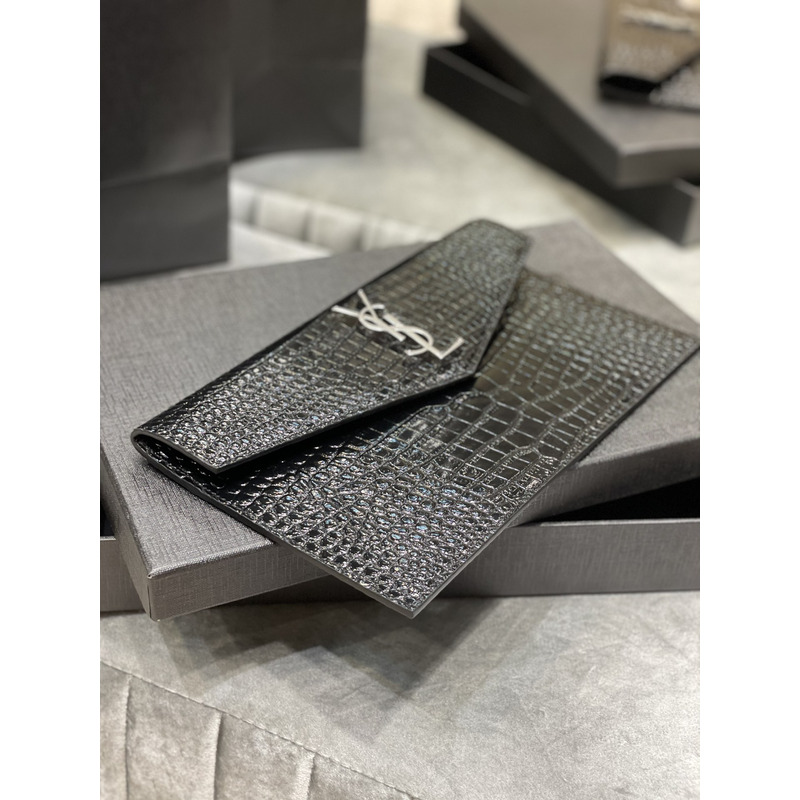 Saint Laurent Uptown Pouch In Crocodile Embossed Shiny Leather Black