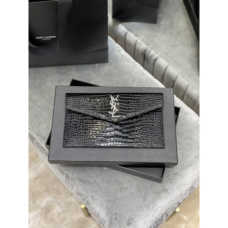 Saint Laurent Uptown Pouch In Crocodile Embossed Shiny Leather Black