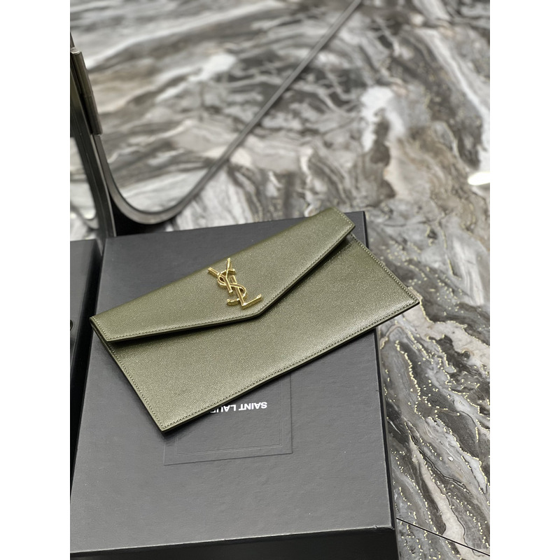 Saint Laurent Uptown Pouch In Grain De Poudre Embosses Leather Olive Green