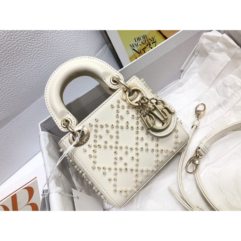 D*or mini lady D*or bag cannage lambskin with pearl white