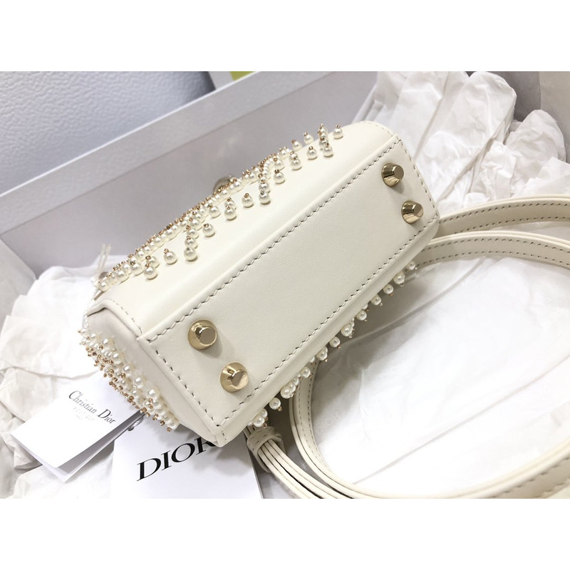 D*or mini lady D*or bag cannage lambskin with pearl white