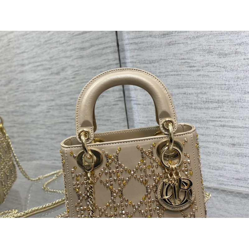 D*or mini lady D*or bag cannage lambskin with beaded embroidery platinum metallic