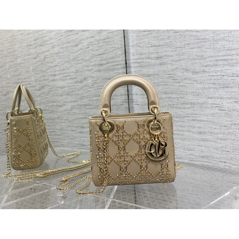 D*or mini lady D*or bag cannage lambskin with beaded embroidery platinum metallic