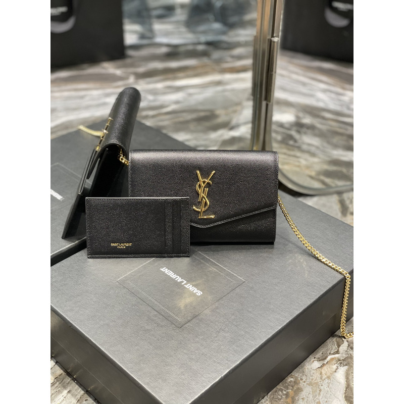 Saint Laurent Uptown Chain Wallet In Grain de Poudre Embossed Leather Black