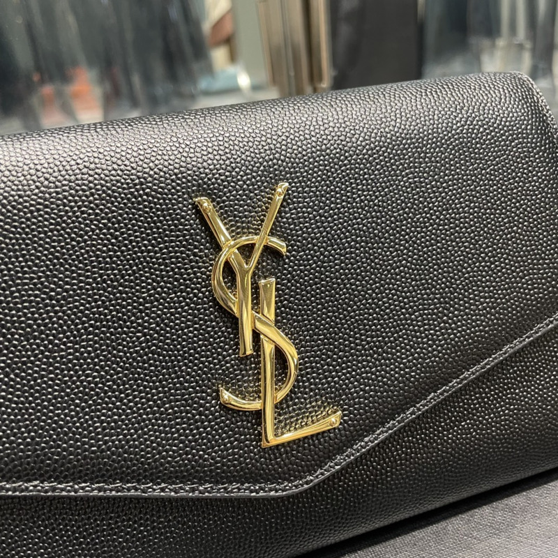 Saint Laurent Uptown Chain Wallet In Grain de Poudre Embossed Leather Black