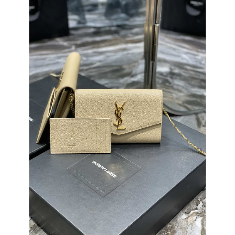 Saint Laurent Uptown Chain Wallet In Grain de Poudre Embossed Leather Blanc Vintage