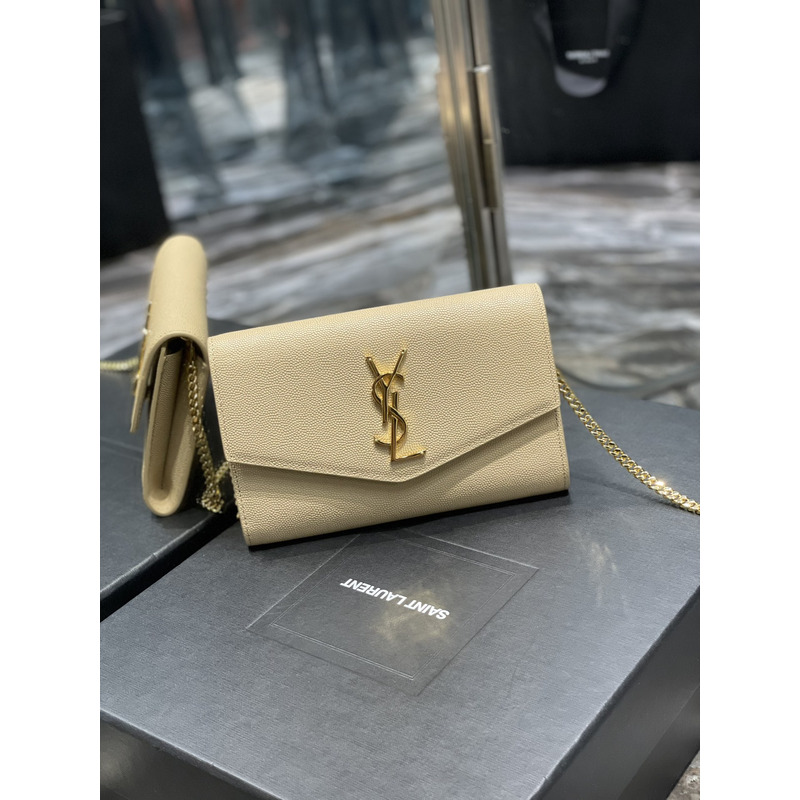 Saint Laurent Uptown Chain Wallet In Grain de Poudre Embossed Leather Blanc Vintage