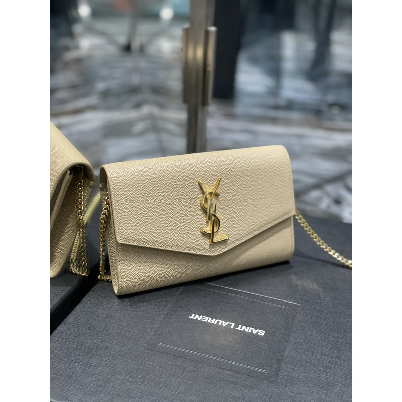 Saint Laurent Uptown Chain Wallet In Grain de Poudre Embossed Leather Blanc Vintage