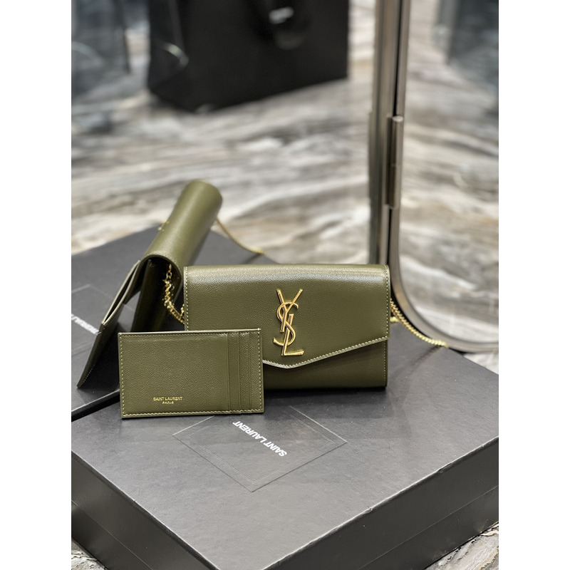 Saint Laurent Uptown Chain Wallet In Grain de Poudre Embossed Leather Olive Green