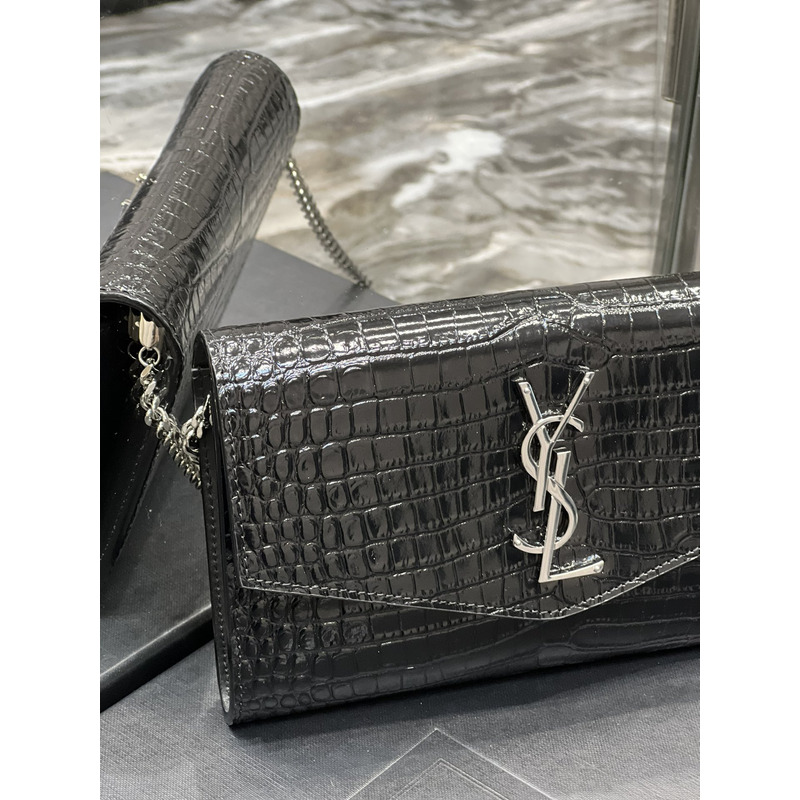 Saint Laurent Uptown Croc-embossed Leather Wallet-on-chain Black