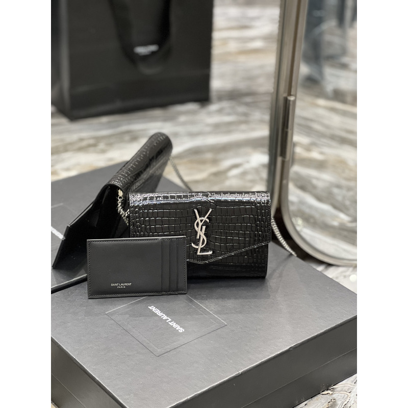 Saint Laurent Uptown Croc-embossed Leather Wallet-on-chain Black