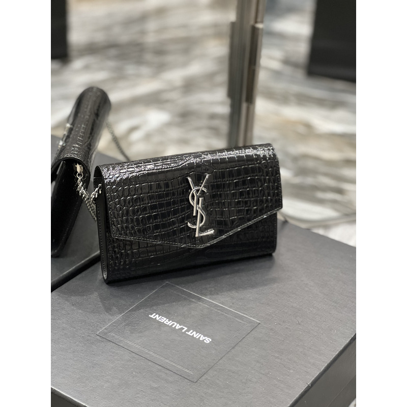 Saint Laurent Uptown Croc-embossed Leather Wallet-on-chain Black