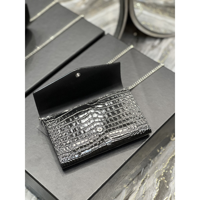 Saint Laurent Uptown Croc-embossed Leather Wallet-on-chain Black