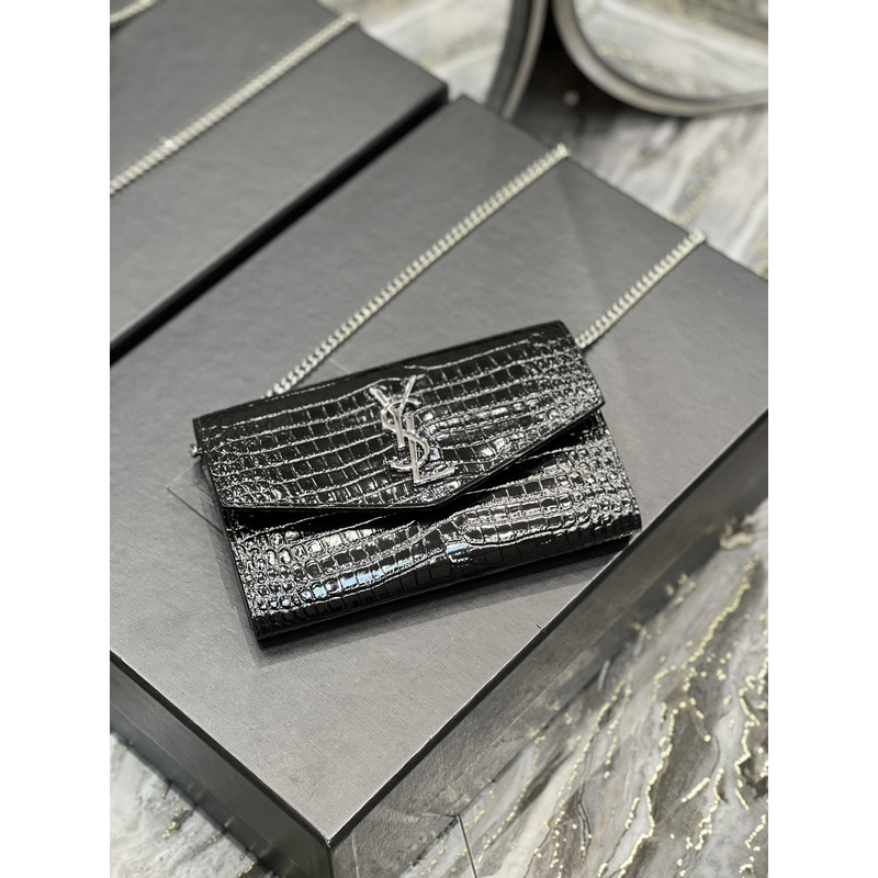 Saint Laurent Uptown Croc-embossed Leather Wallet-on-chain Black