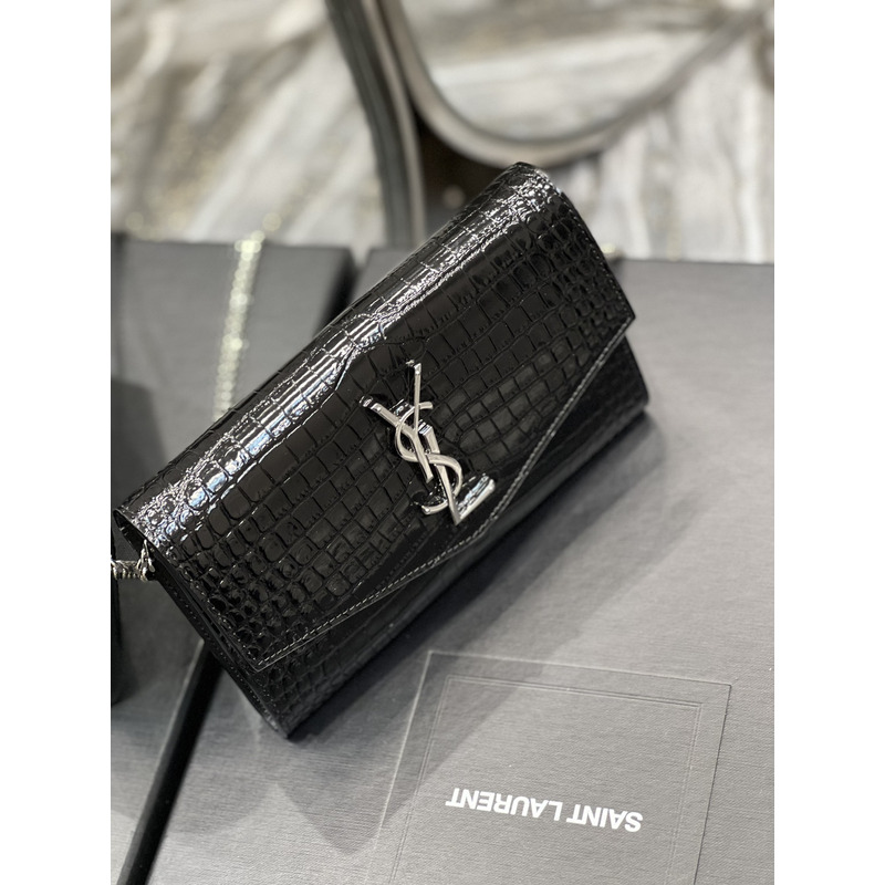 Saint Laurent Uptown Croc-embossed Leather Wallet-on-chain Black