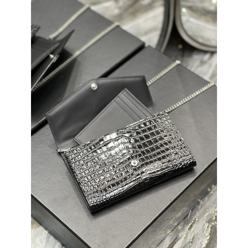 Saint Laurent Uptown Croc-embossed Leather Wallet-on-chain Black