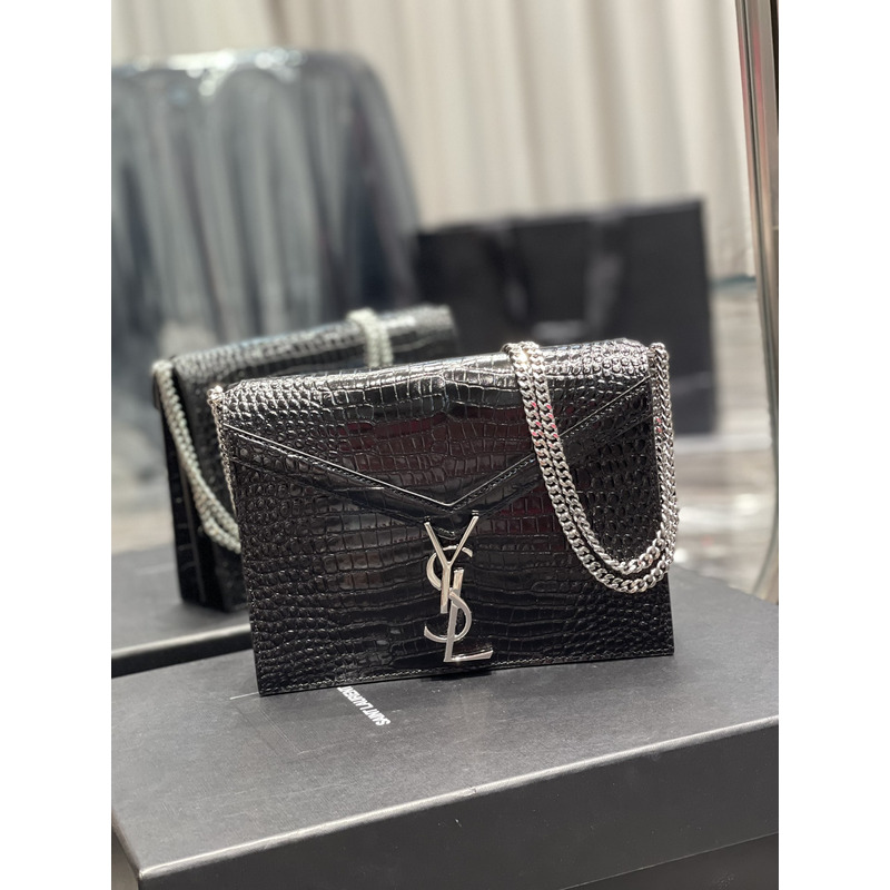 Saint Laurent Cassandra Medium Chain Bag In crocodile Embossed Shiny Leather Black