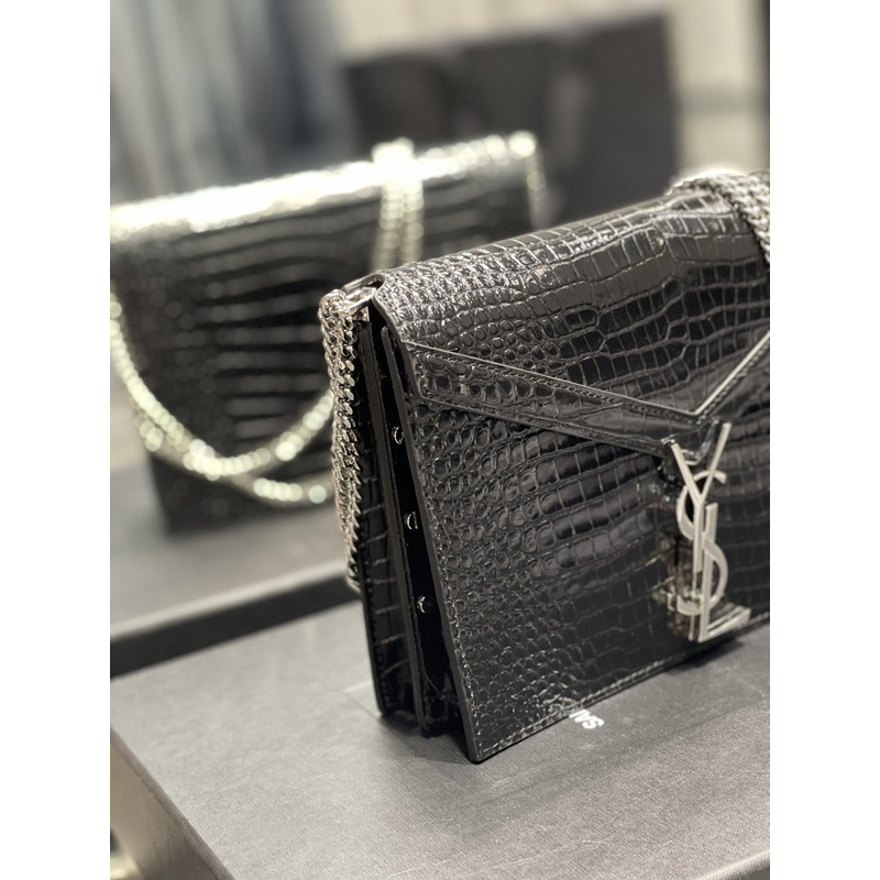 Saint Laurent Cassandra Medium Chain Bag In crocodile Embossed Shiny Leather Black