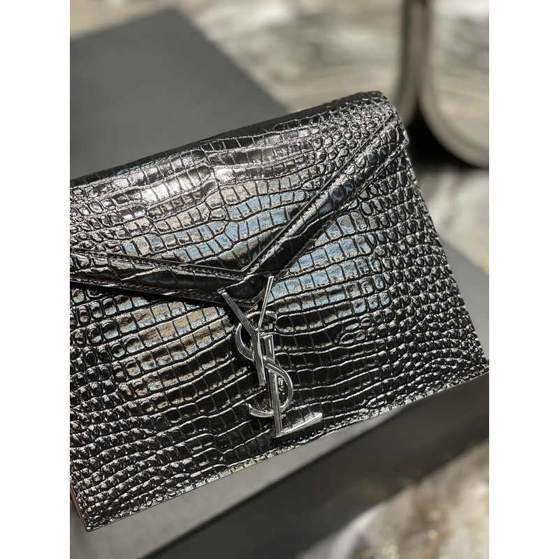 Saint Laurent Cassandra Medium Chain Bag In crocodile Embossed Shiny Leather Black