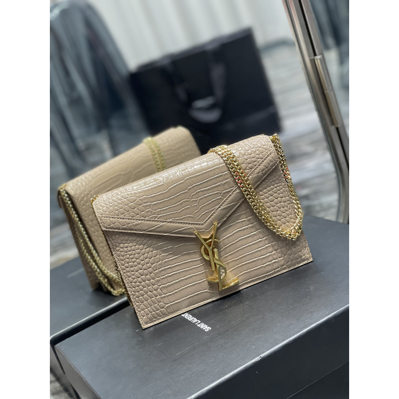 Saint Laurent Cassandra Medium Chain Bag In crocodile Embossed Shiny Leather Beige