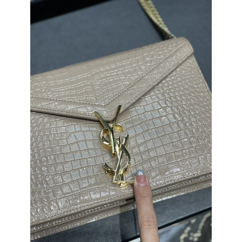 Saint Laurent Cassandra Medium Chain Bag In crocodile Embossed Shiny Leather Beige