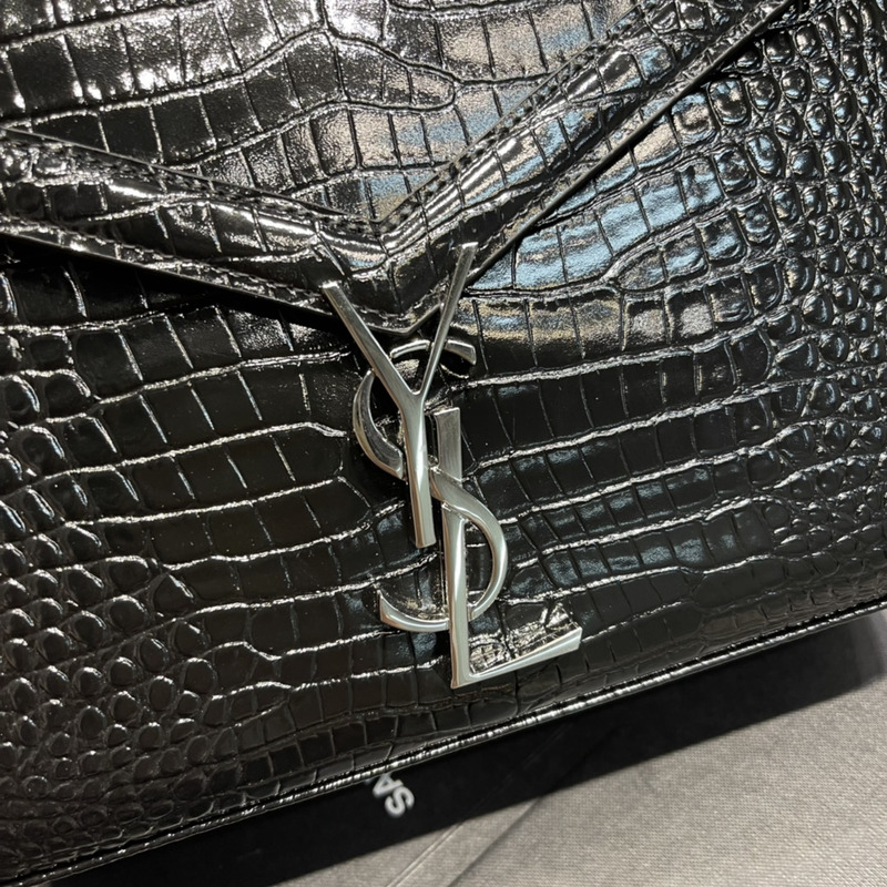 Saint Laurent Cassandra Medium Crocodile Embossed Leather Top Handle Bag Silver