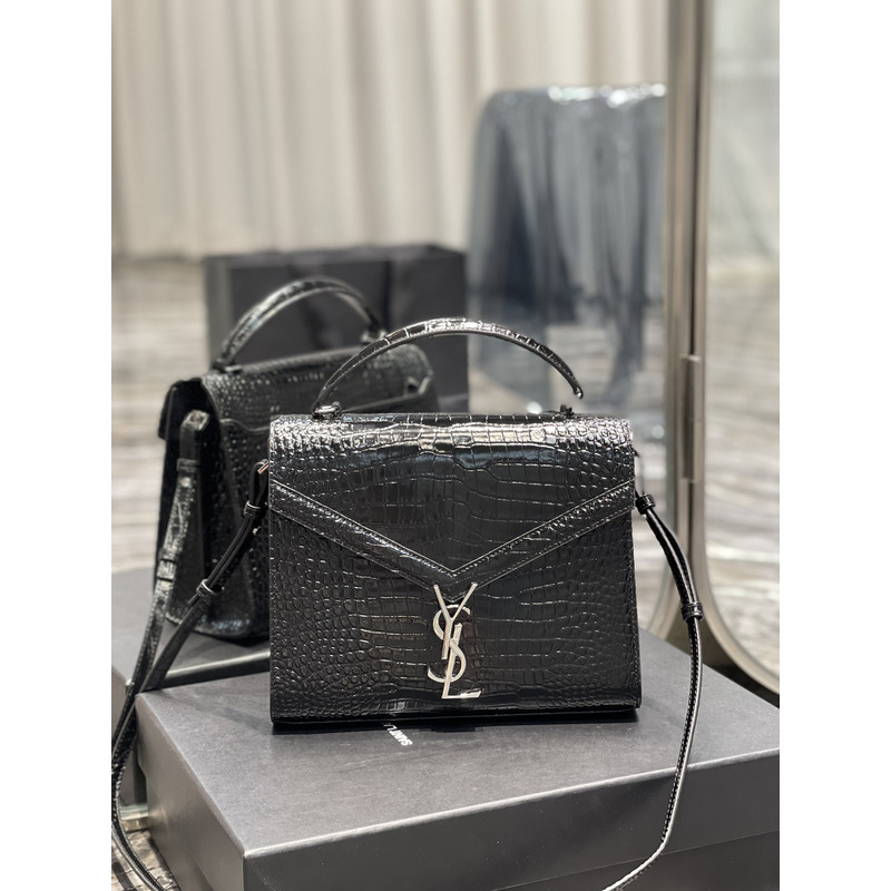 Saint Laurent Cassandra Medium Crocodile Embossed Leather Top Handle Bag Silver