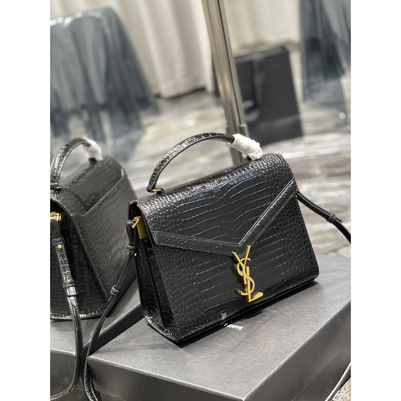 Saint Laurent Cassandra Medium Crocodile Embossed Leather Top Handle Bag Golden