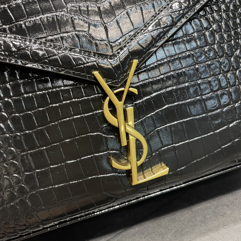 Saint Laurent Cassandra Medium Crocodile Embossed Leather Top Handle Bag Golden