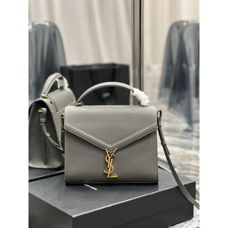 Saint Laurent Cassandra Medium Top Handle Bag In Grain De Poudre Emnossed Leather Grey