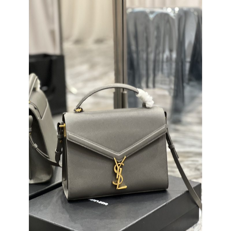 Saint Laurent Cassandra Medium Top Handle Bag In Grain De Poudre Emnossed Leather Grey