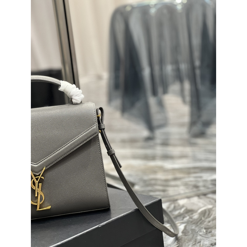 Saint Laurent Cassandra Medium Top Handle Bag In Grain De Poudre Emnossed Leather Grey