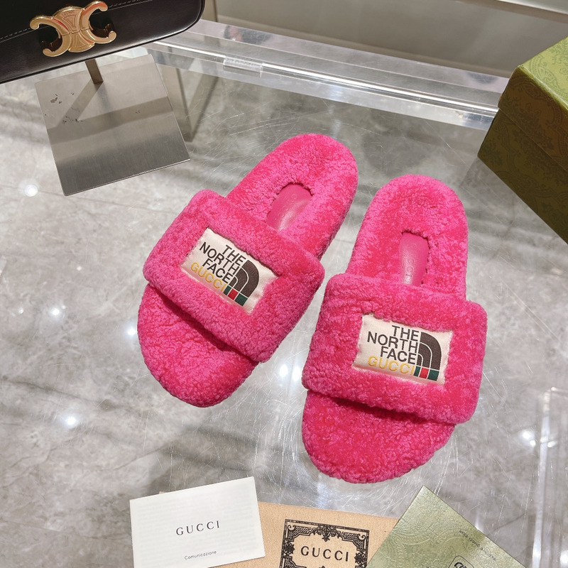 G*u*i x the north face shearling slides taffy pink