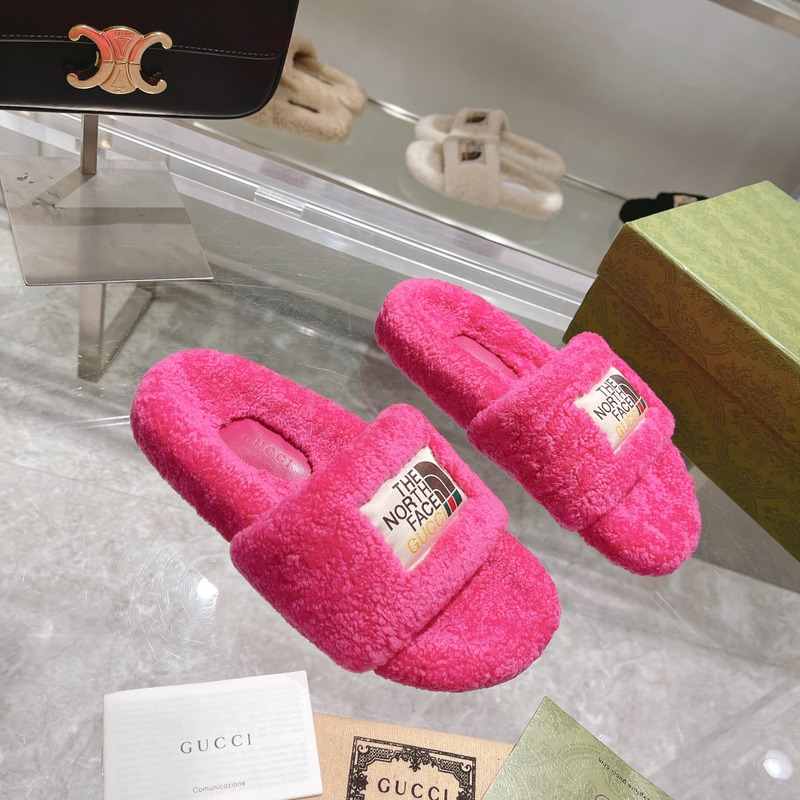 G*u*i x the north face shearling slides taffy pink