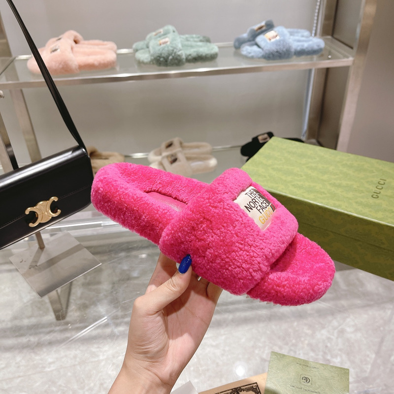 G*u*i x the north face shearling slides taffy pink