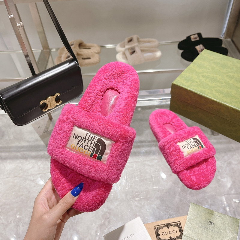 G*u*i x the north face shearling slides taffy pink