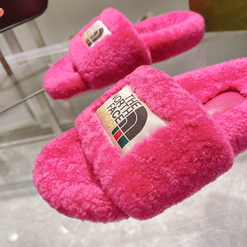 G*u*i x the north face shearling slides taffy pink