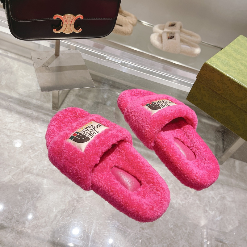 G*u*i x the north face shearling slides taffy pink