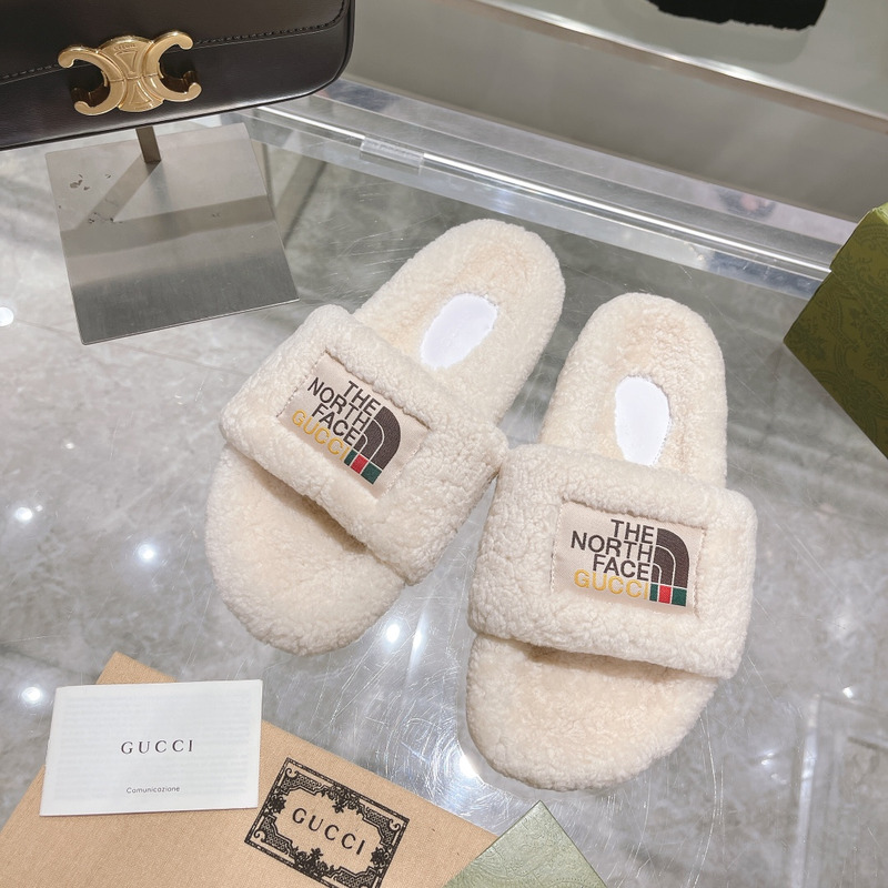 G*u*i x the north face shearling slides white