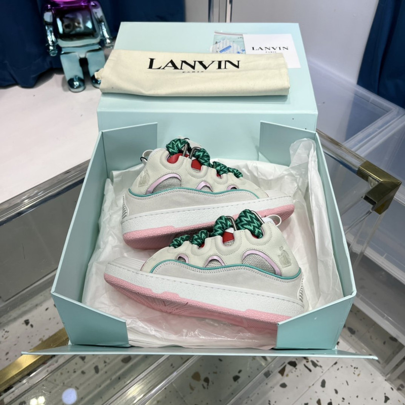 Lanvin Curb Leather Sneakers With Multicolor Laces in Beige