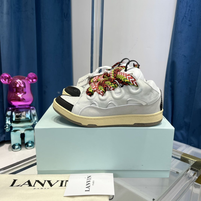 Lanvin Curb Leather Sneakers With Multicolor Laces in White