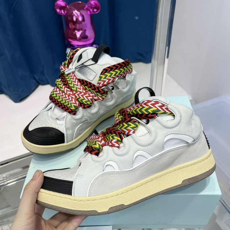 Lanvin Curb Leather Sneakers With Multicolor Laces in White