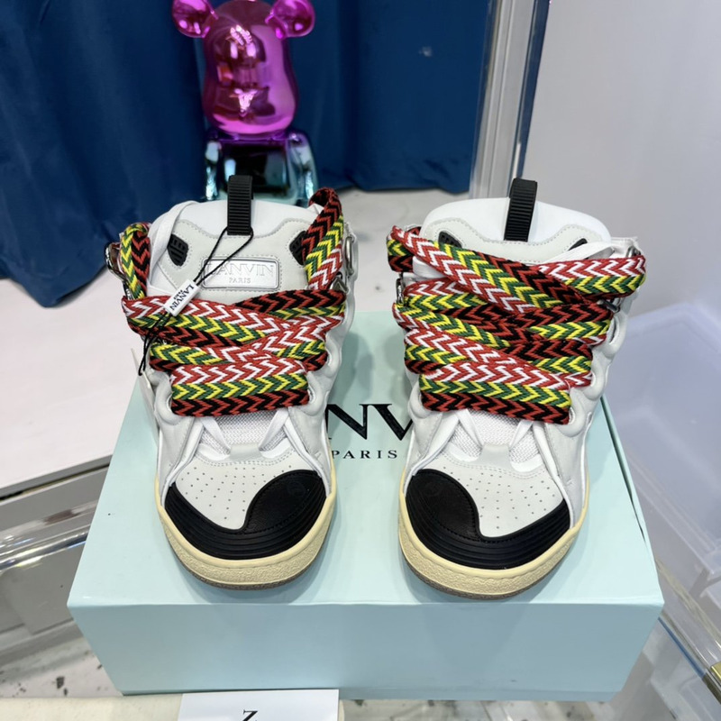 Lanvin Curb Leather Sneakers With Multicolor Laces in White