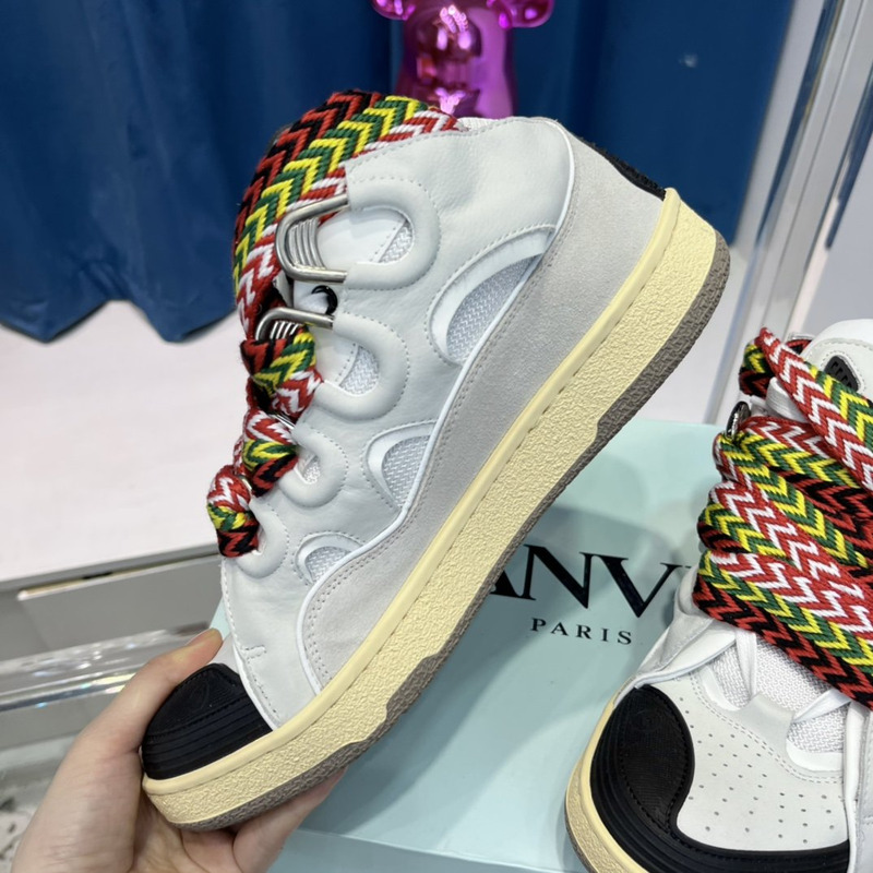 Lanvin Curb Leather Sneakers With Multicolor Laces in White