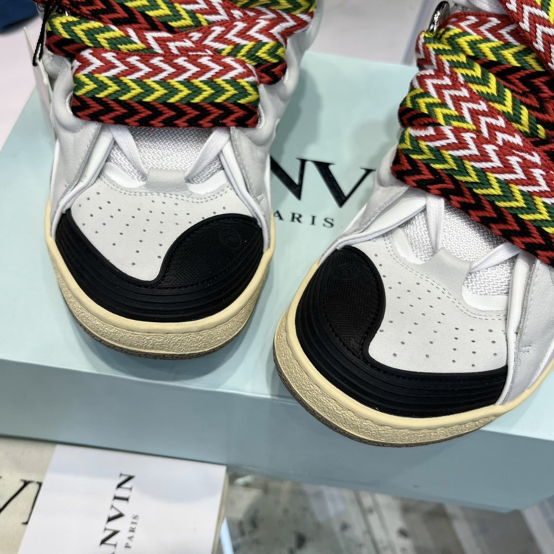 Lanvin Curb Leather Sneakers With Multicolor Laces in White