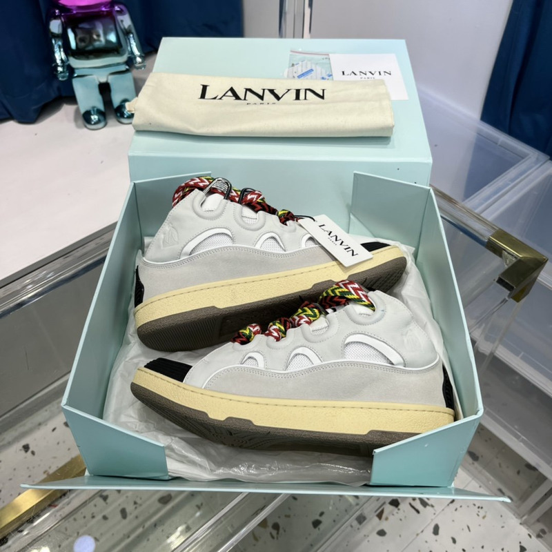 Lanvin Curb Leather Sneakers With Multicolor Laces in White