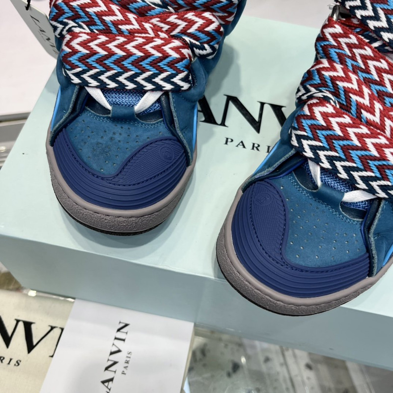 Lanvin Curb Leather Sneakers With Multicolor Laces in Dark Blue