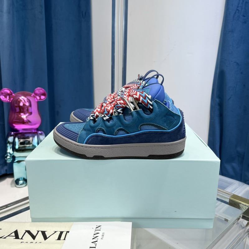 Lanvin Curb Leather Sneakers With Multicolor Laces in Dark Blue