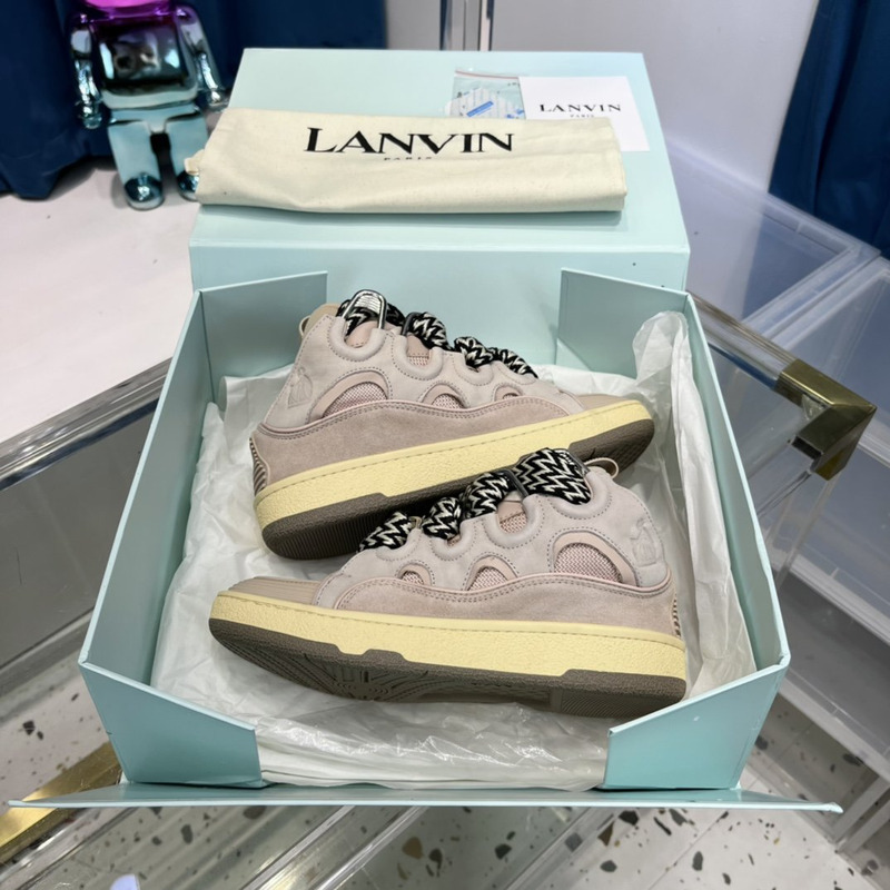 Lanvin Curb Leather Sneakers With Multicolor Laces in Pink